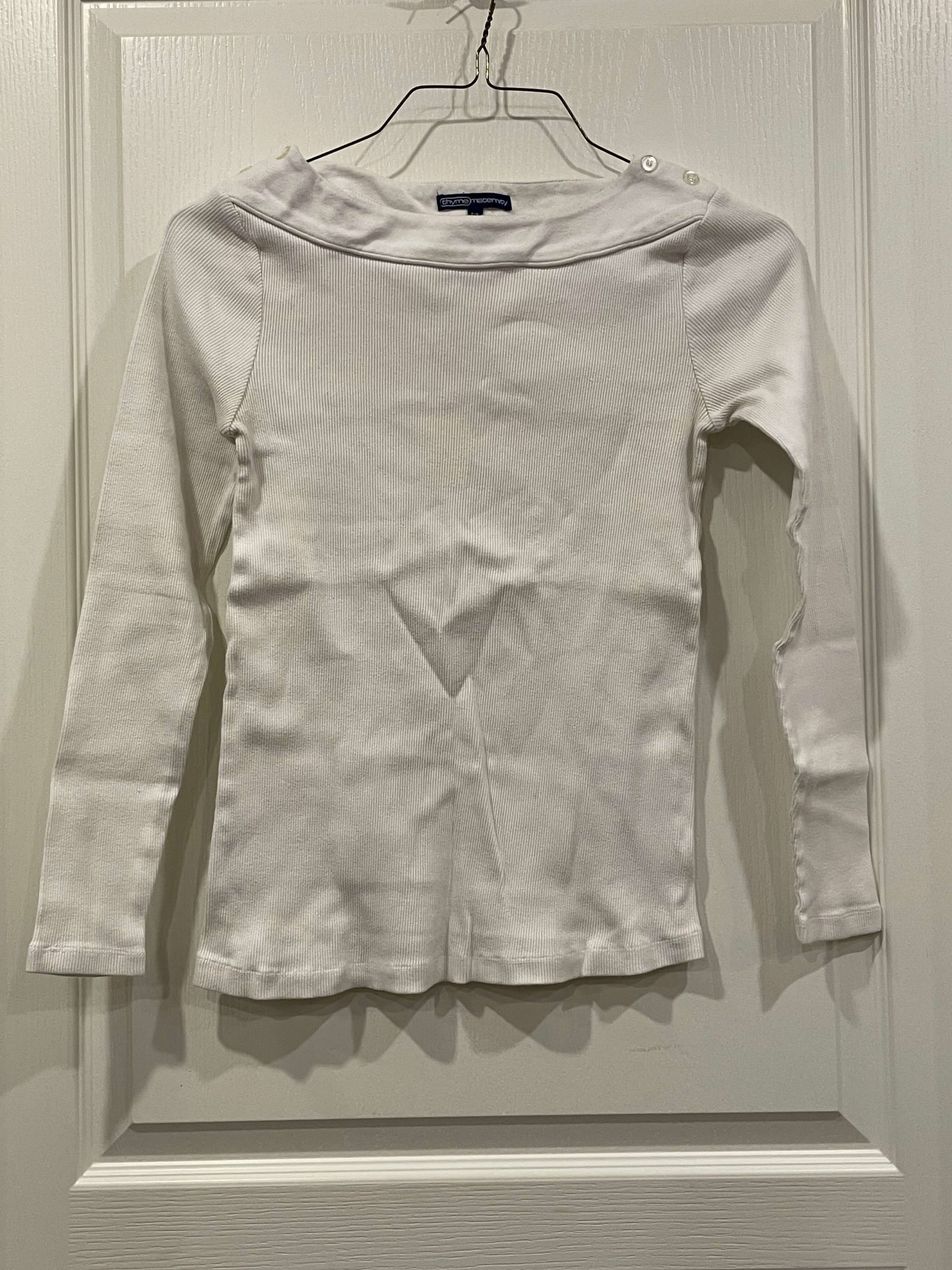 Thyme Maternity, L/S White Ribbed Boat neck top, size Small, Maternity S (4-6)