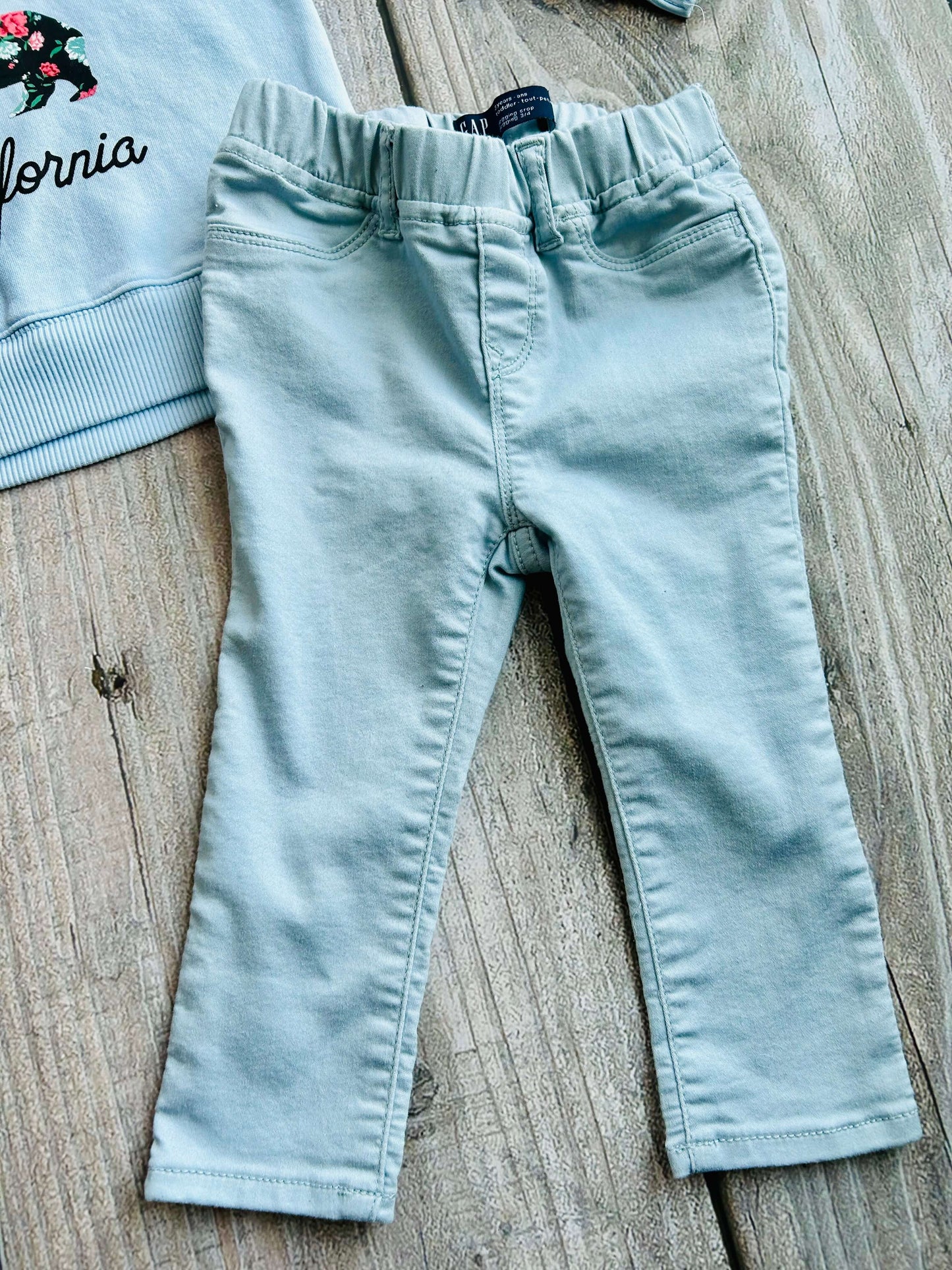 Old Navy size 3T girls light blue floral logo hoodie, hooded sweater and Gap Kids size 3T denim jeggings crop, Kids 3T