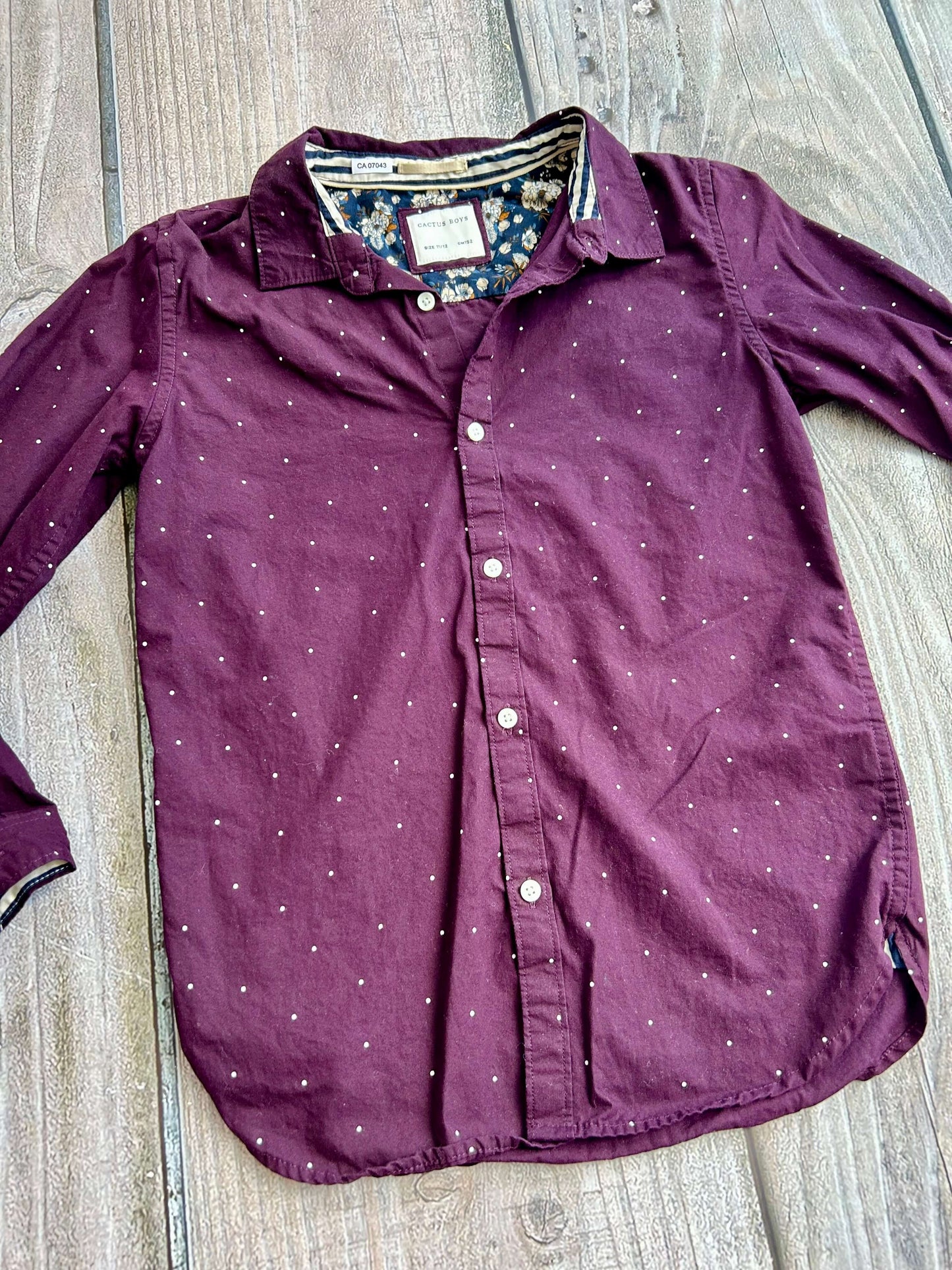 Cactus Boys size 11/12 boys button up dress shirt, dark burgundy with small white dots, like new, Kids 12 & 14 (large)