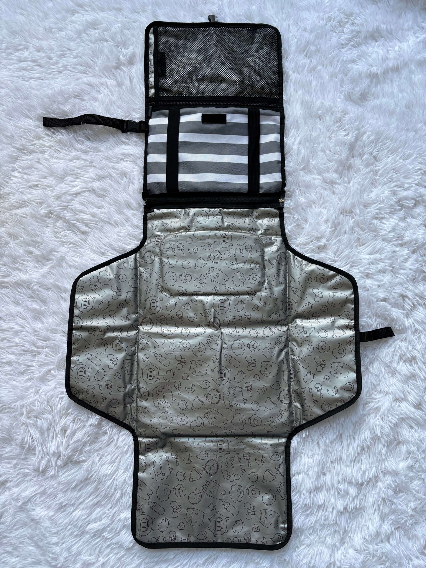 Portable Diaper Change Mat, grey and white stripes