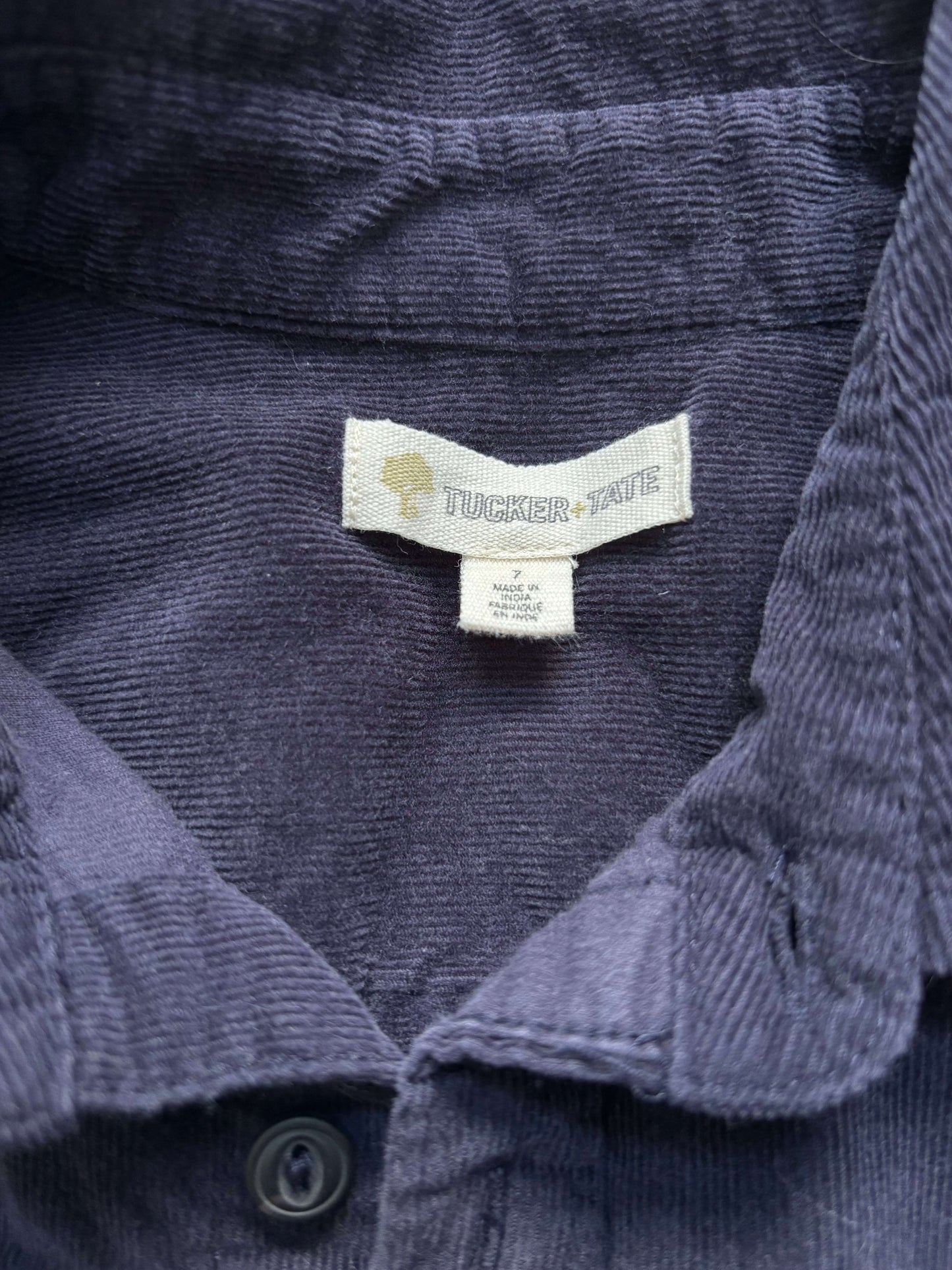 2 corduroy button-up shirts, navy and blue, size 7, Kids 7 & 8 (small)