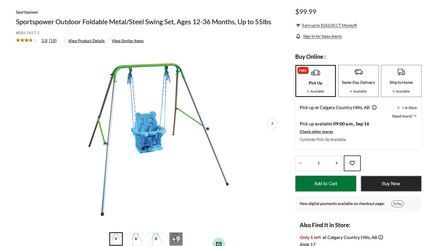 Sportspower Outdoor Foldable Metal/Steel Swing Set, Ages 12-36 Months, Up to 55lbs