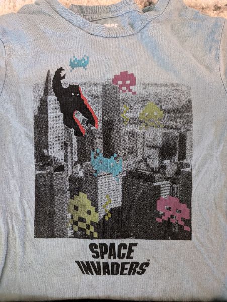2 Boys T-shirts, Space Invaders & Jurassic World, Size Medium , Kids 7 & 8 (small)
