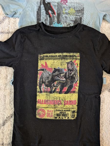 2 Boys T-shirts, Space Invaders & Jurassic World, Size Medium , Kids 7 & 8 (small)