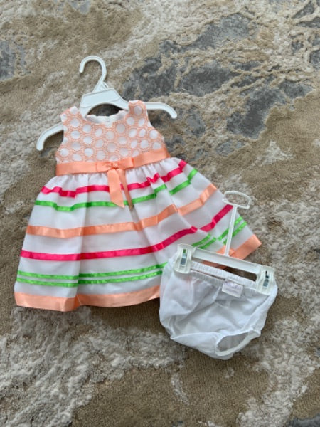 Iris &ivy size 6-9 m white organza with peach design & multi color stripes, Kids 9 Month (6-9M)