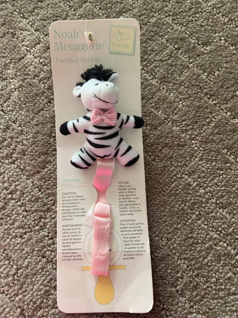 Russ Baby, zebra shape w/ pink ribbon, Noah’s Menagerie pacifier buddy