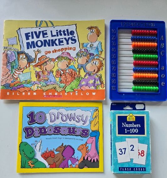 Counting story books + Number flash cards + 🧮