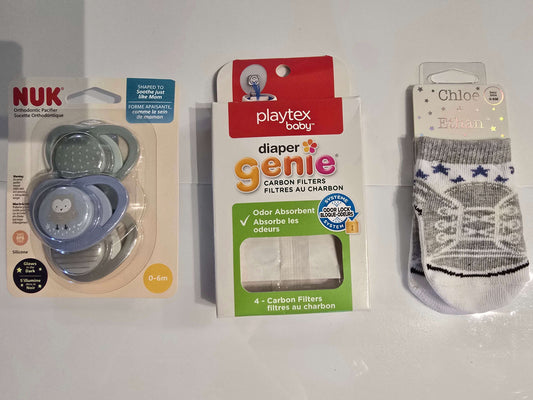 Soothers, socks and Diaper Genie deoderizers