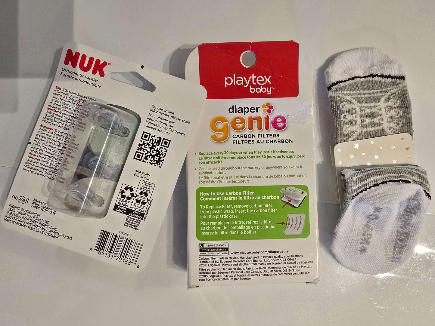 Soothers, socks and Diaper Genie deoderizers