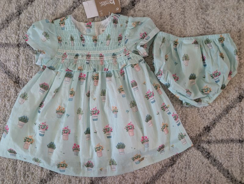 Mayoral Baby Girl Dress-Pale Jade with Flower Pots (includes matching diaper cover), MSRP: $55, Kids 6 Month (3-6M)