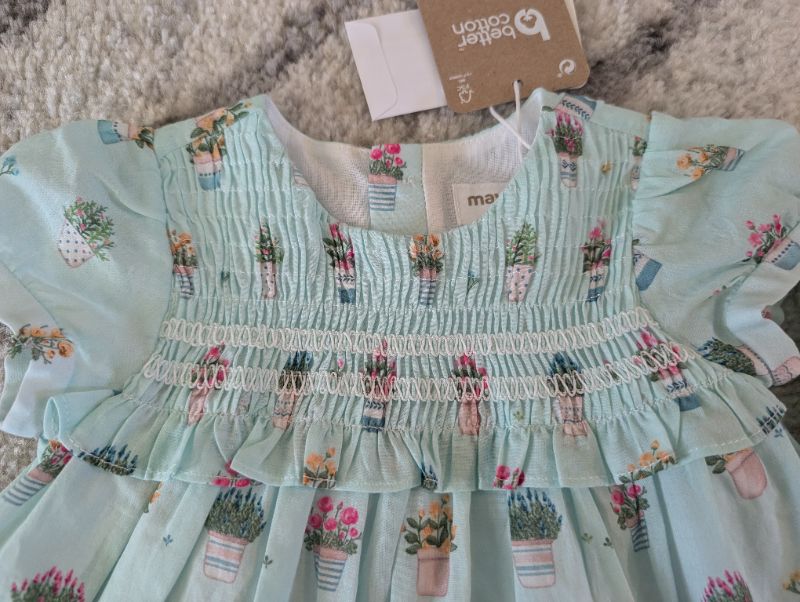 Mayoral Baby Girl Dress-Pale Jade with Flower Pots (includes matching diaper cover), MSRP: $55, Kids 6 Month (3-6M)