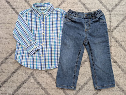 Blue Plaid Button Down & Jeans, 24M, Kids 24 Month (18-24M)