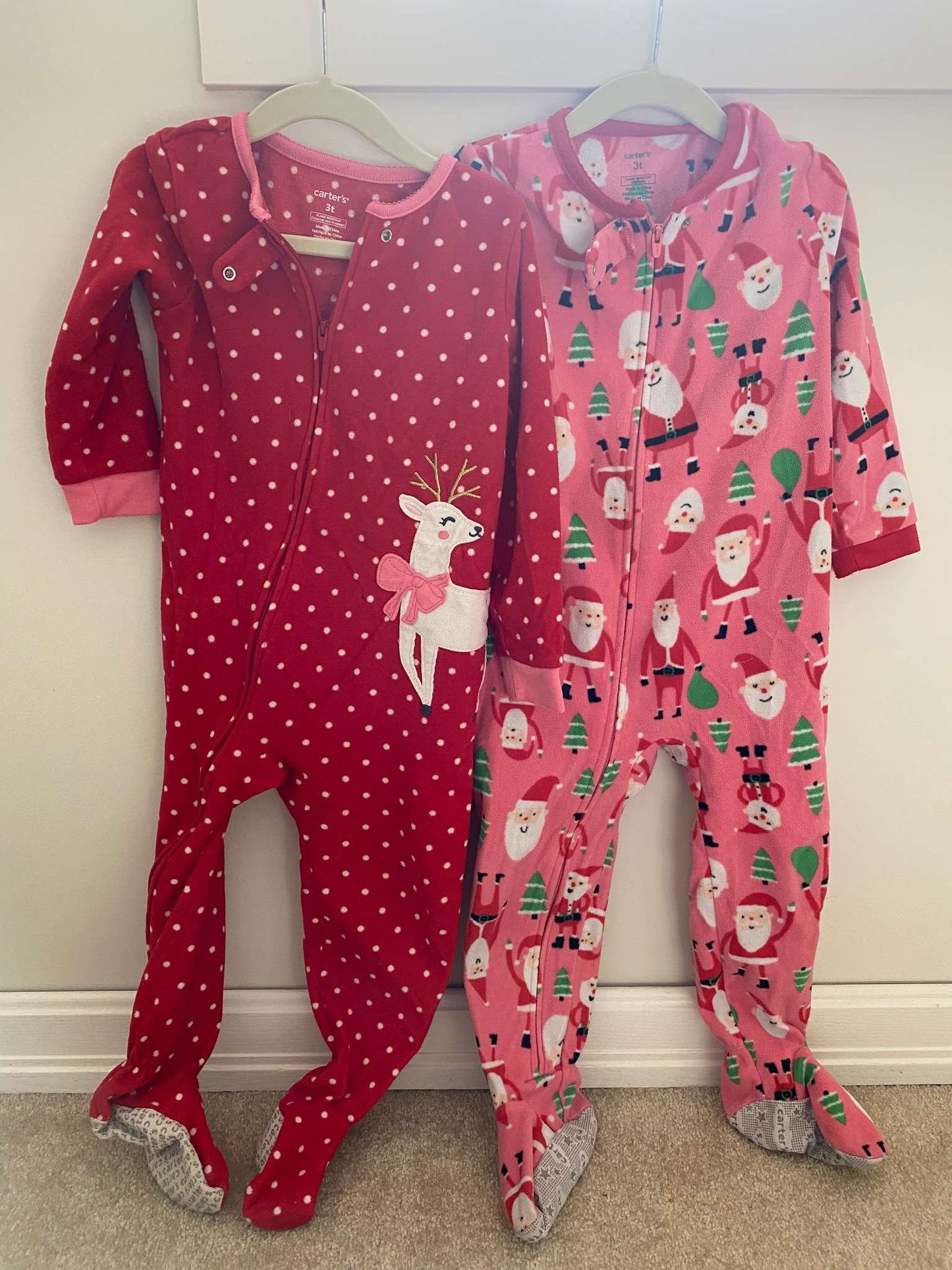 PJs x2 (3T) - Carter's Winter Footed Fleece Onesies with feet. , Kids 3T