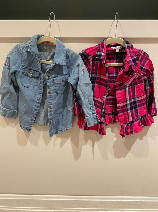 2x Button up shirts: Denim & Pink Checkered, Kids 3T