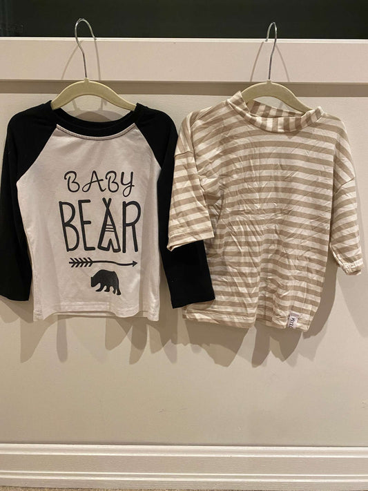 2x Mid-length sleeve shirts: Baby Bear + Wylo&Co stripes, Kids 2T