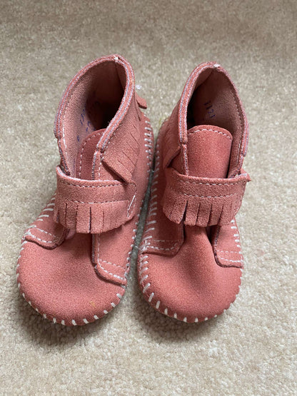 Pink Moccasin style shoes. Front strap bootie from Minnetonka Moccasin, Shoes 4 (Baby: 0-12 mth)
