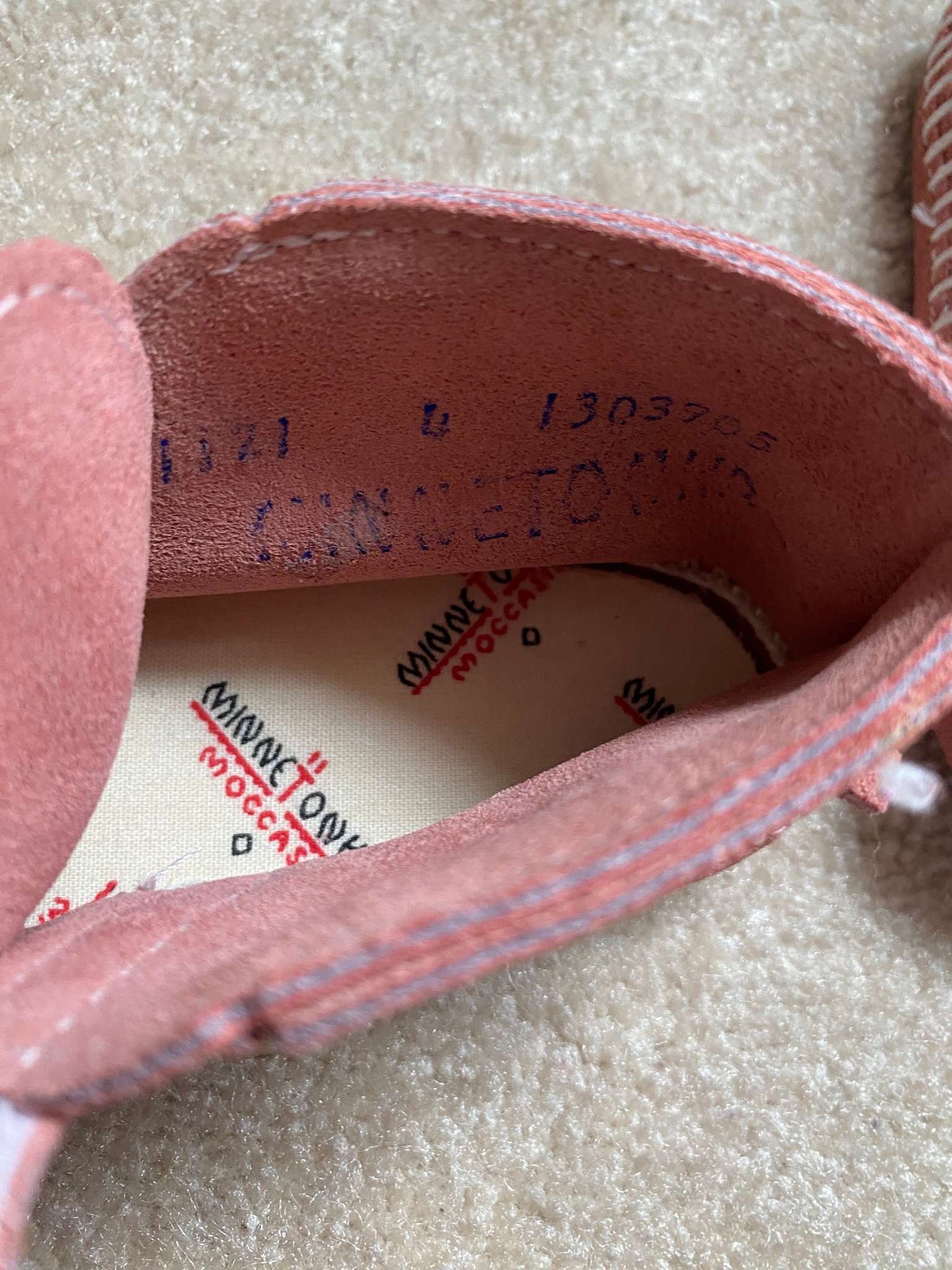Pink Moccasin style shoes. Front strap bootie from Minnetonka Moccasin, Shoes 4 (Baby: 0-12 mth)