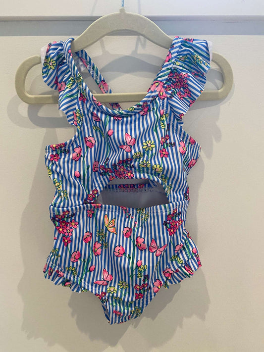 Summer swimwear outfit bundle: Bathing Suit blue stripes , Water shoes + iPlay Blue Hat