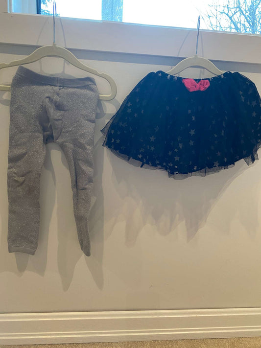 Sparkly Grey Leggings/Tights, Black/Silver Star Skirt, Kids 2T