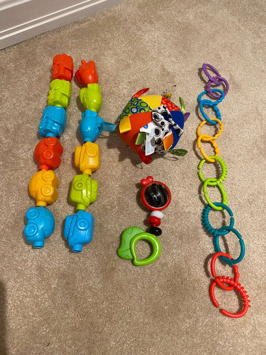 Baby Toys: Fine Motor for Infants: Interlocking Rings, BabyEinstein Rattle, Ball w mirror, Car-boat-train