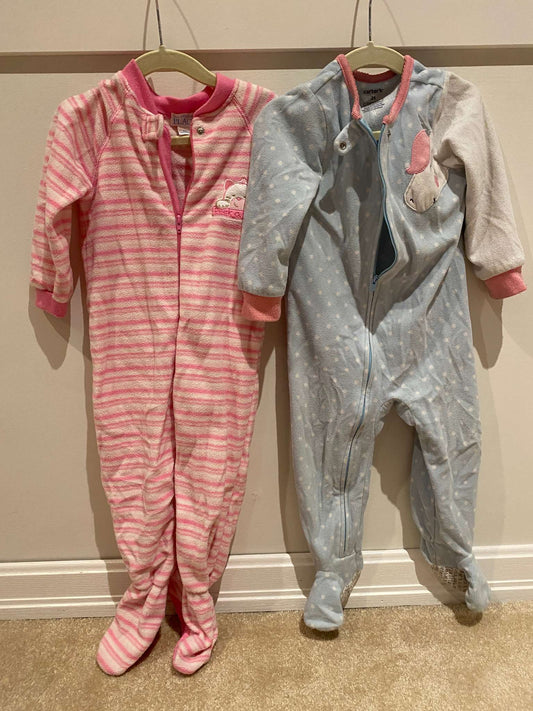 2x: Footed Sleepers : Pink Stripes from Children's Place + Blue Unicorn from Carter's, Kids 2T