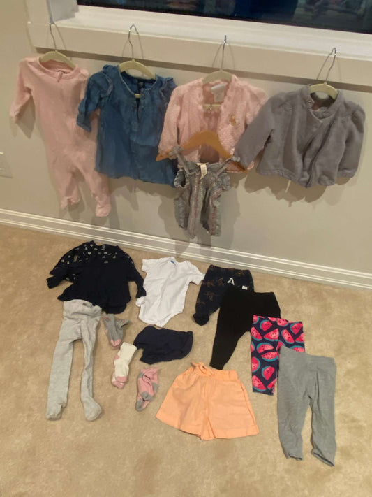 6MONTH bundle: 14 pieces variety + 3 bonus socks!: cardigans, dress, PJs, leggings, shorts, shirt, diaper cover, tights., Kids 6 Month (3-6M)