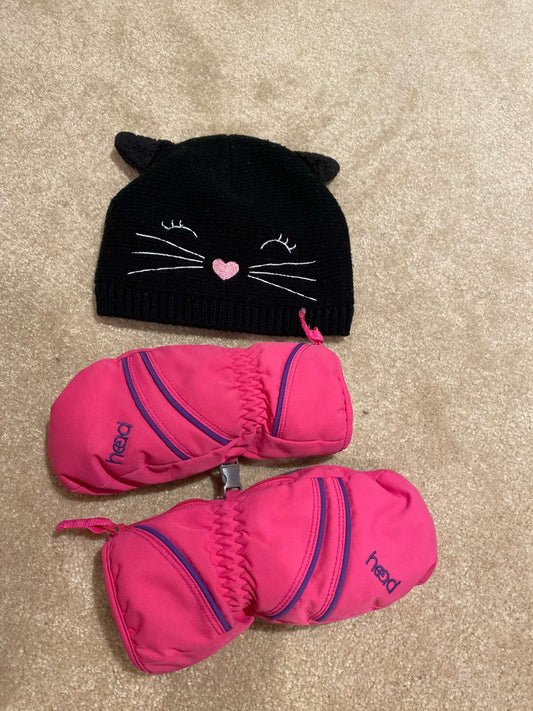 HEAD brand pink mittens + cute cat beanie / tuque, Kids 2T