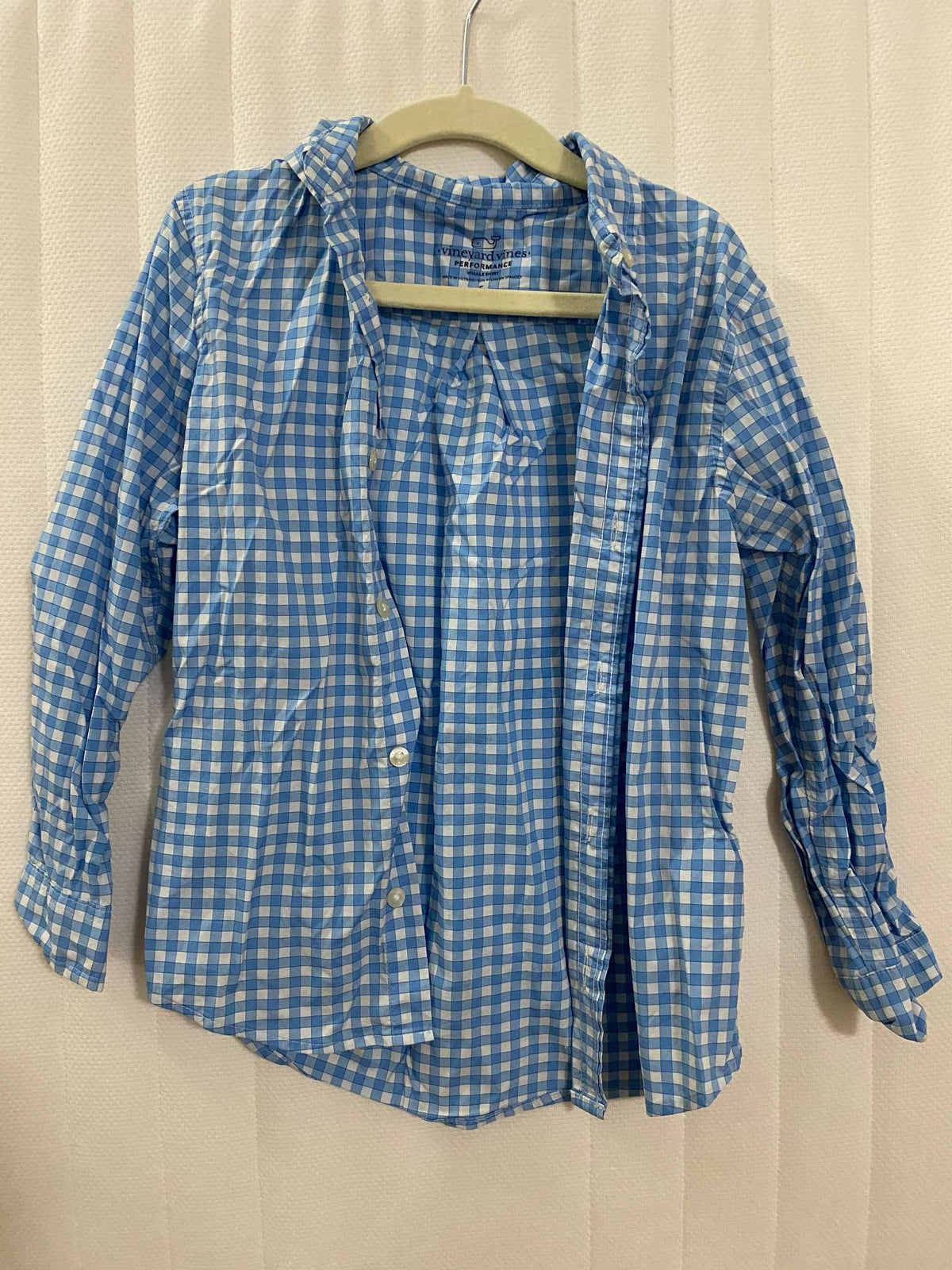 Vineyard Vines Performance UPF 30 Shirt: Collared button up style shirt. Blue Checkered. , Kids 5/5T