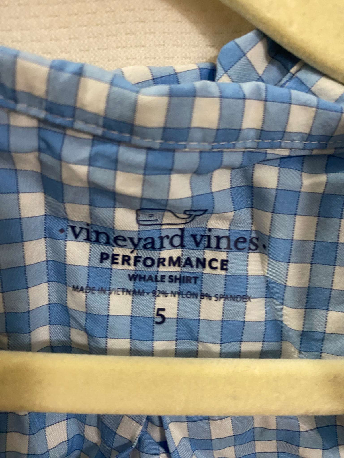 Vineyard Vines Performance UPF 30 Shirt: Collared button up style shirt. Blue Checkered. , Kids 5/5T