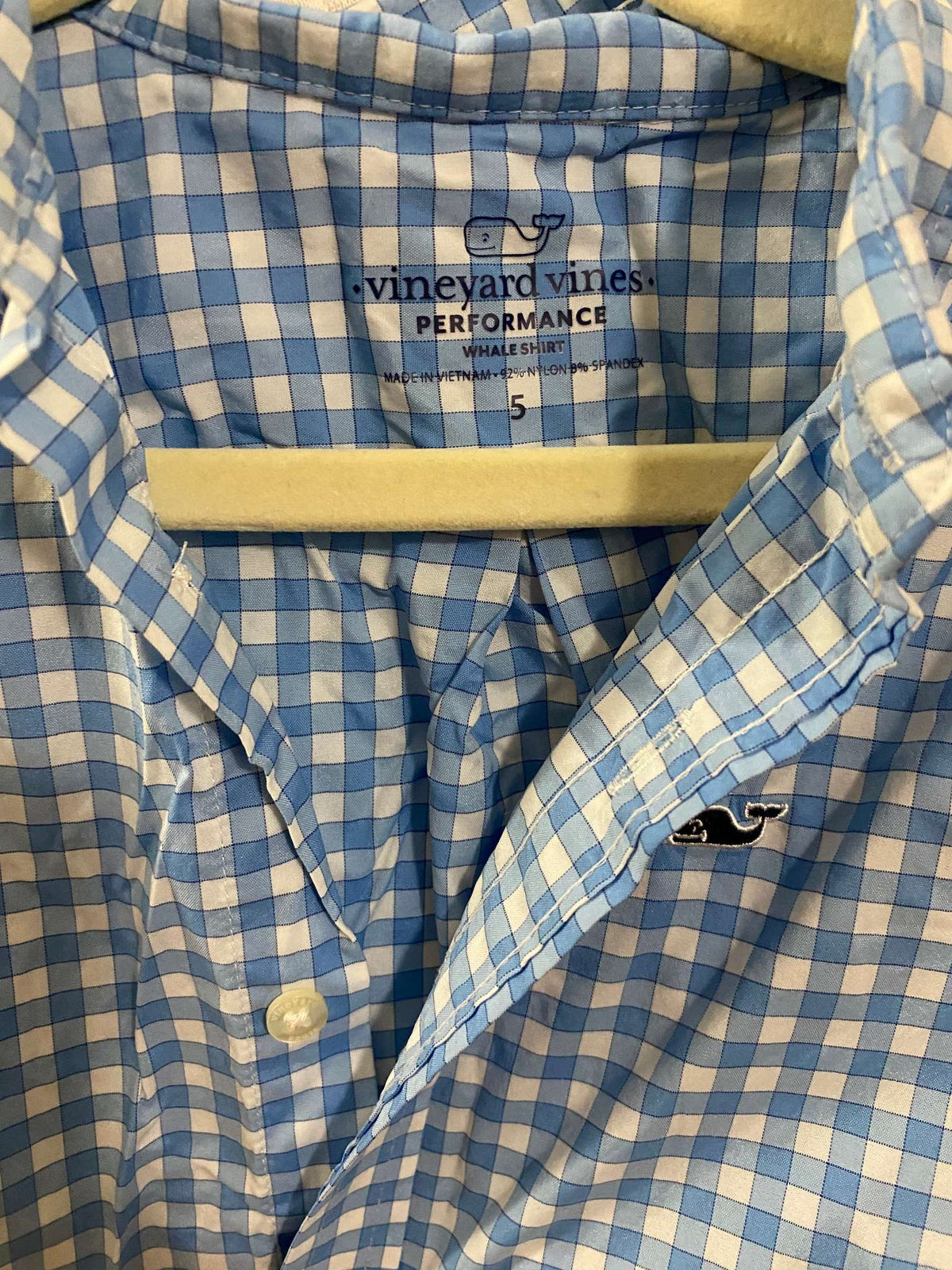 Vineyard Vines Performance UPF 30 Shirt: Collared button up style shirt. Blue Checkered. , Kids 5/5T
