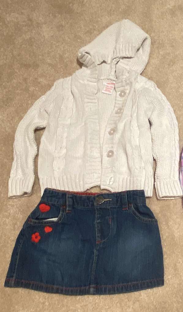 Sweater (Sparkly White) and Cute Denim Skirt with Red Hearts, Kids 24 Month (18-24M)