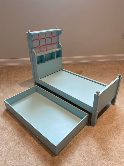 American Girl Bouquet Bed Blue Wooden Trundle with Headboard for 18" Doll