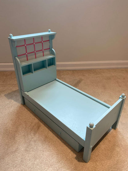 American Girl Bouquet Bed Blue Wooden Trundle with Headboard for 18" Doll