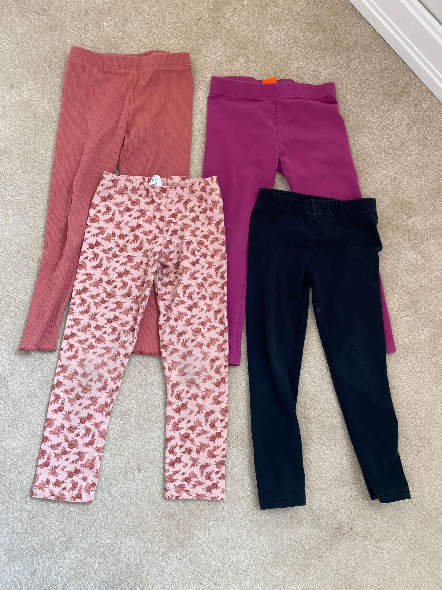 Girls Leggings size 4T:  x4 leggings - 1 Black, 2 shades of Pink, 1 Pink Flower, Kids 4/4T