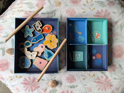 Magnetic wooden fishing game