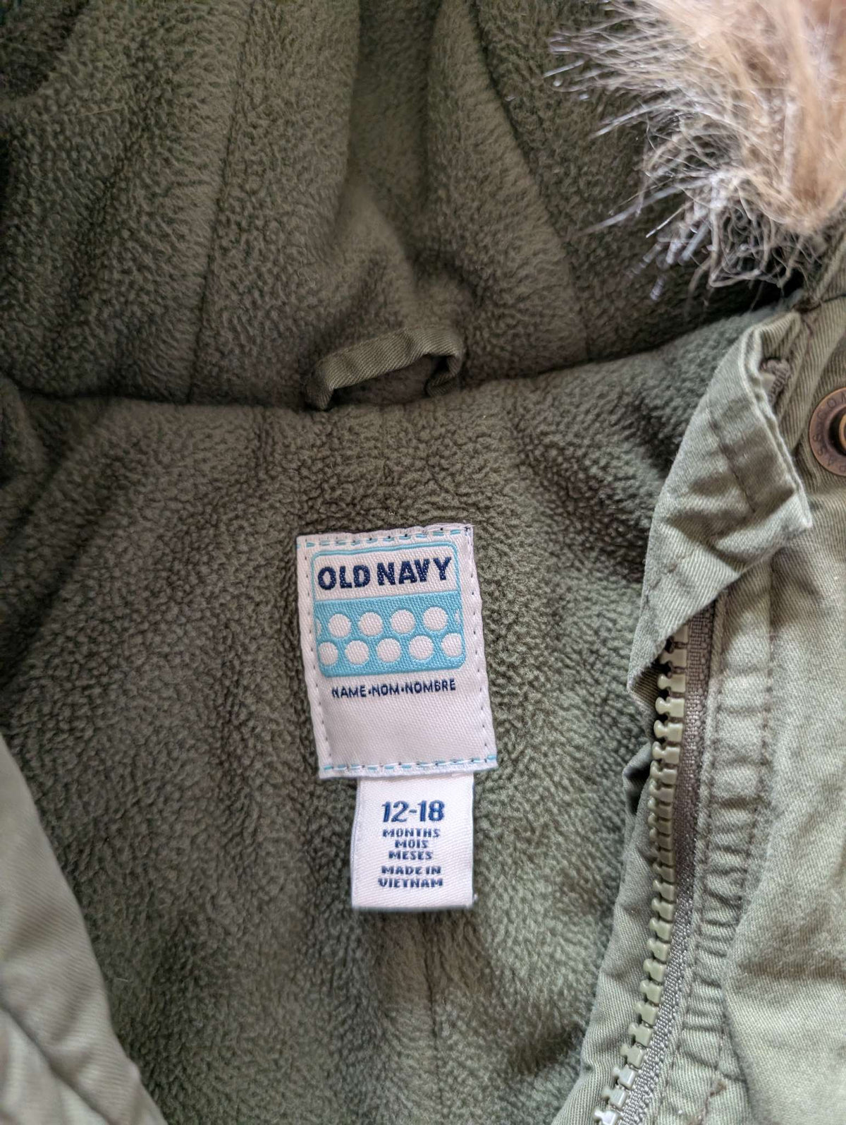 Old Navy 12-18 Green jacket with fur trim hood, Kids 18 Month (12-18M)