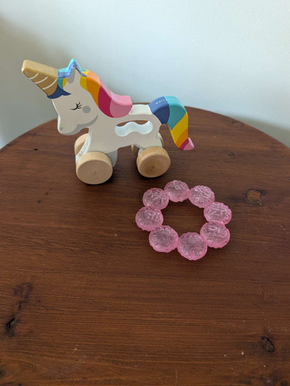 wooden unicorn and teether