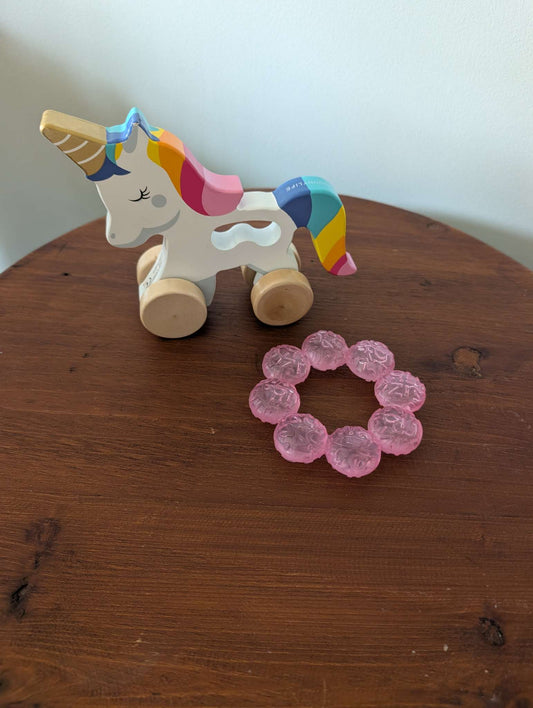 wooden unicorn and teether