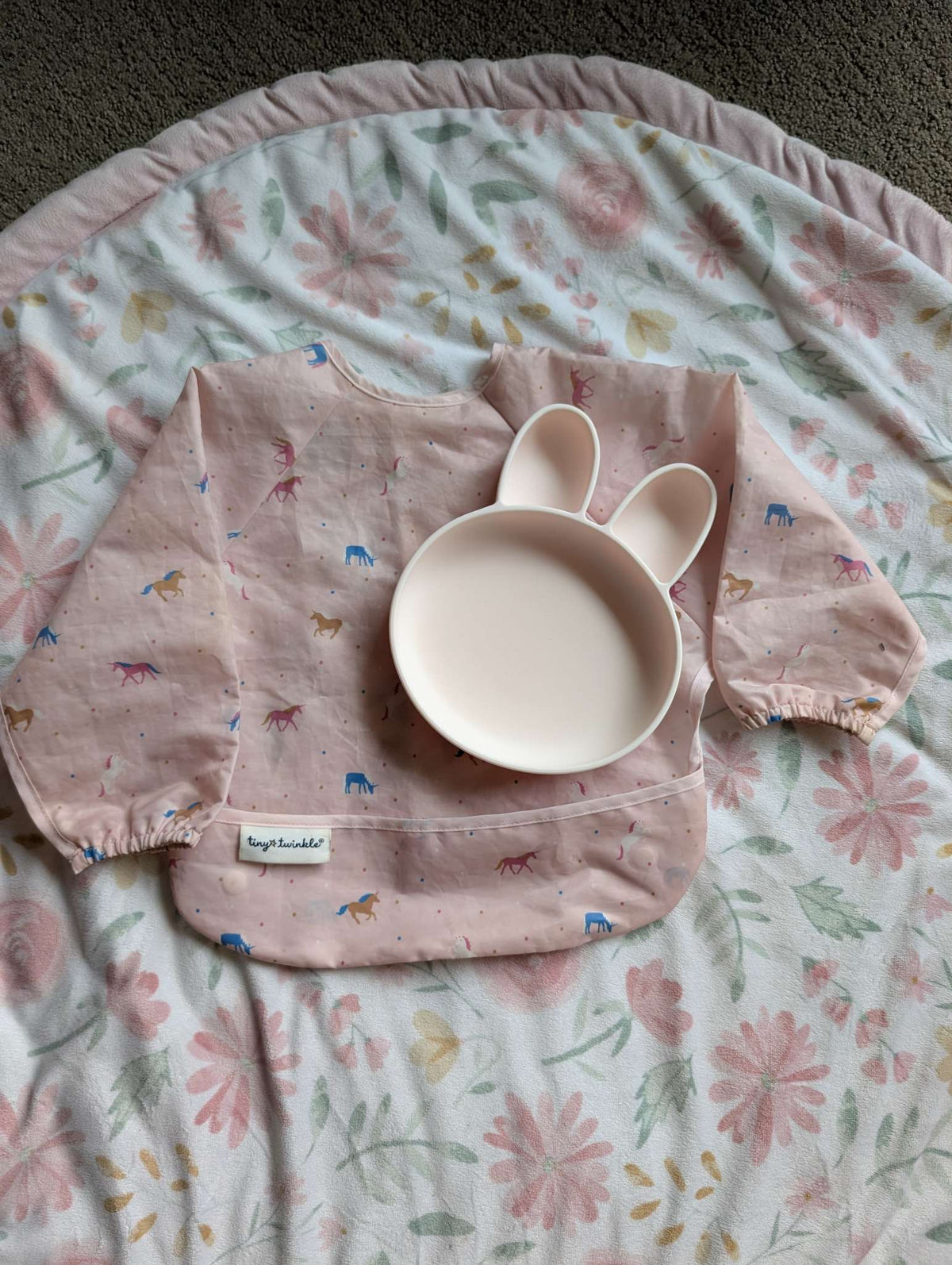 Pottery Barn bunny shape silicone plate with a bib