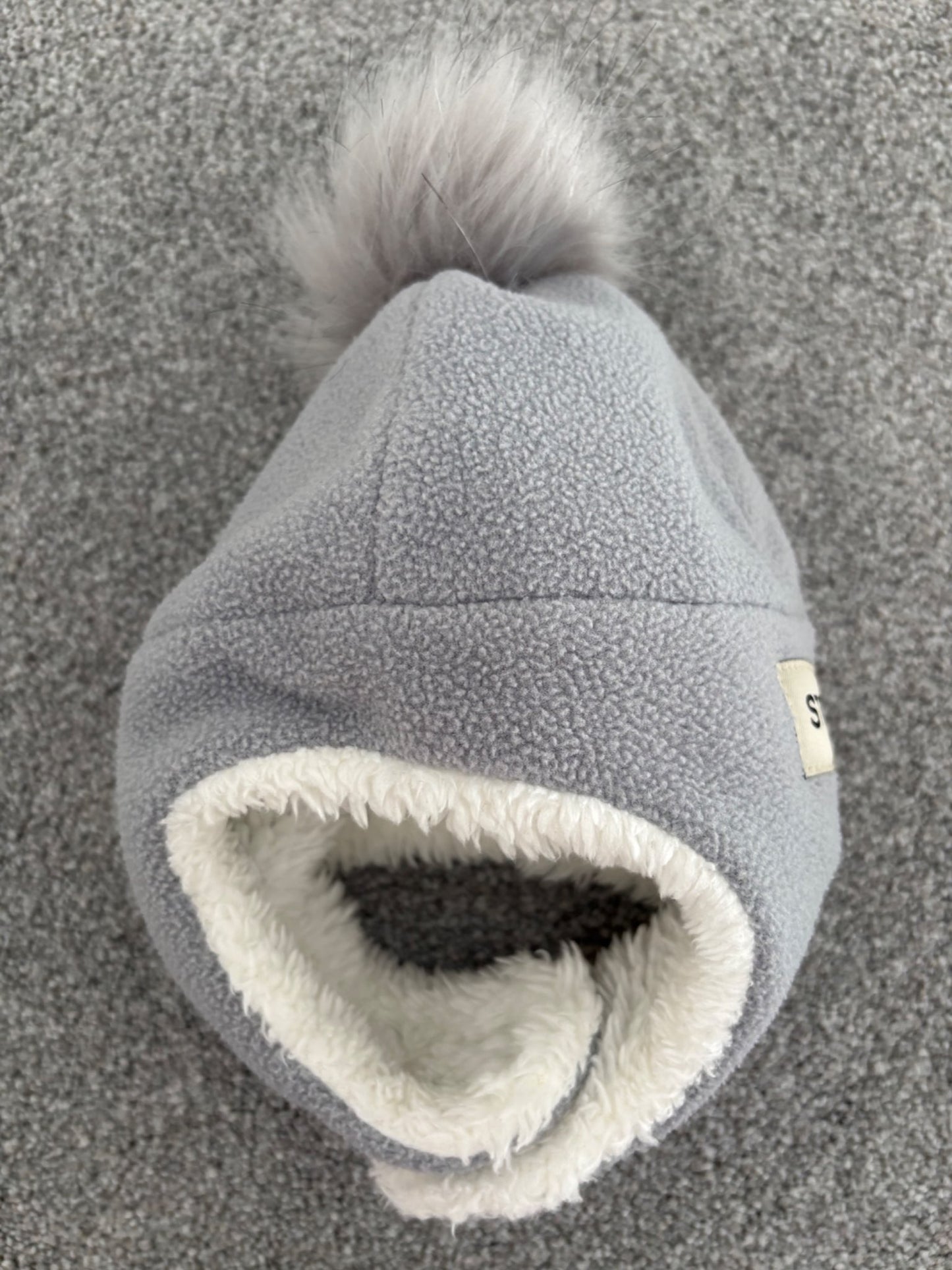 Stonz Fleece Hat, Grey with Pompom, 0-6 months