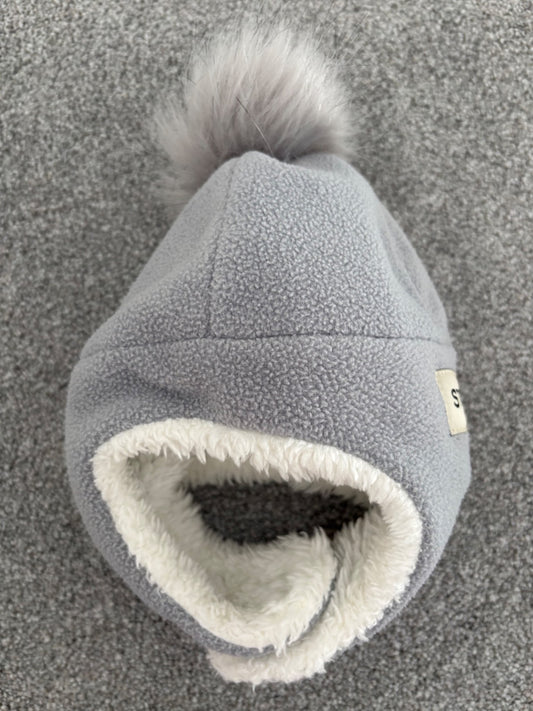 Stonz Fleece Hat, Grey with Pompom, 0-6 months