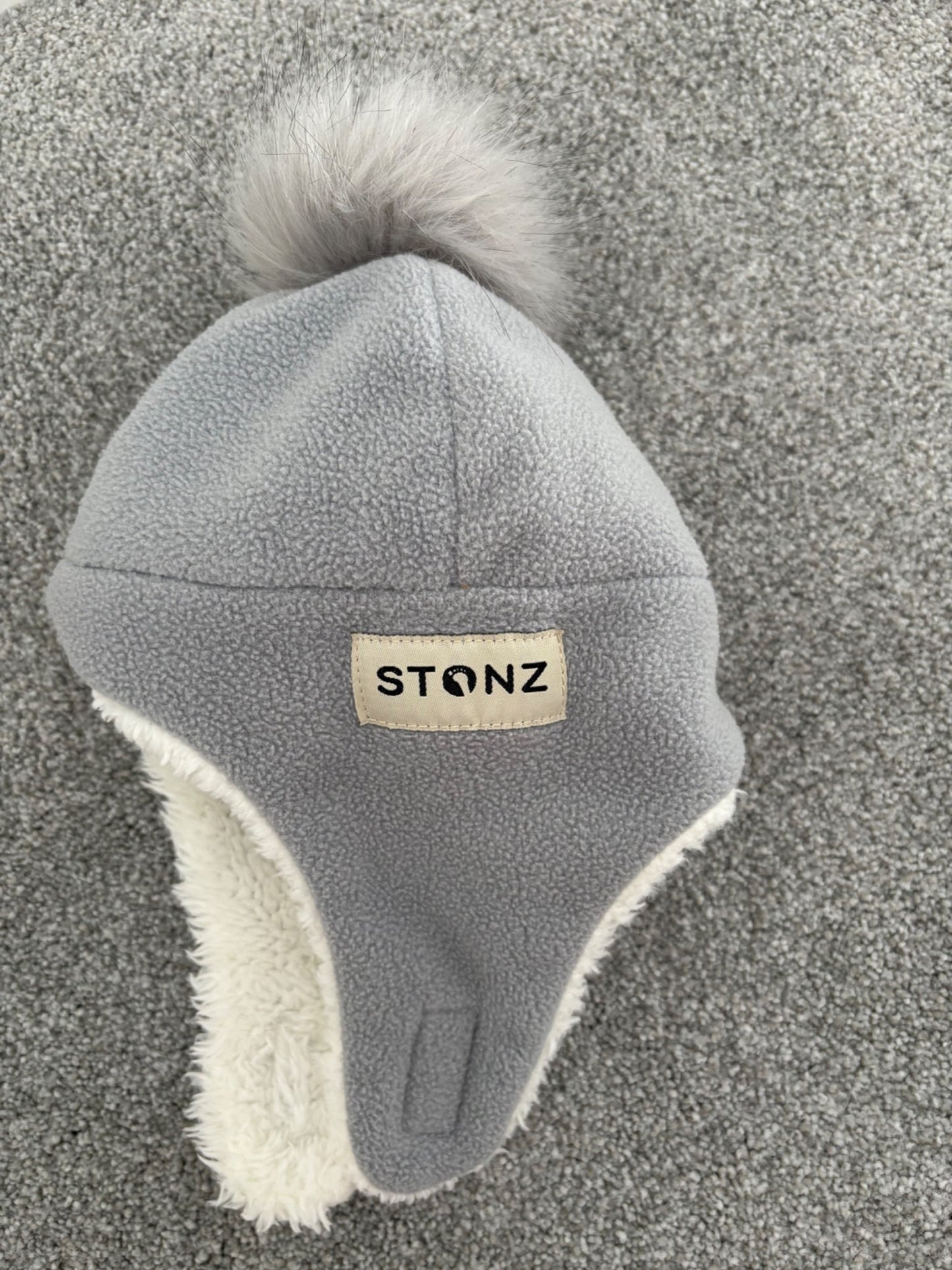 Stonz Fleece Hat, Grey with Pompom, 0-6 months