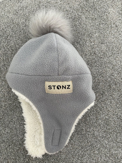 Stonz Fleece Hat, Grey with Pompom, 0-6 months
