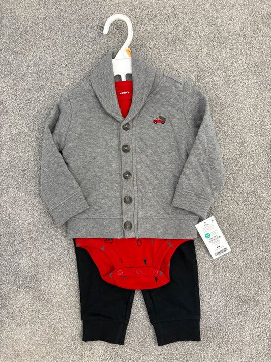 Carter’s Baby Boy 3-Piece Christmas Tree & Truck Cardigan, Bodysuit & Pant Set, Grey/Red/Black, 12 months, NWT, Kids 12 Month (9-12M)