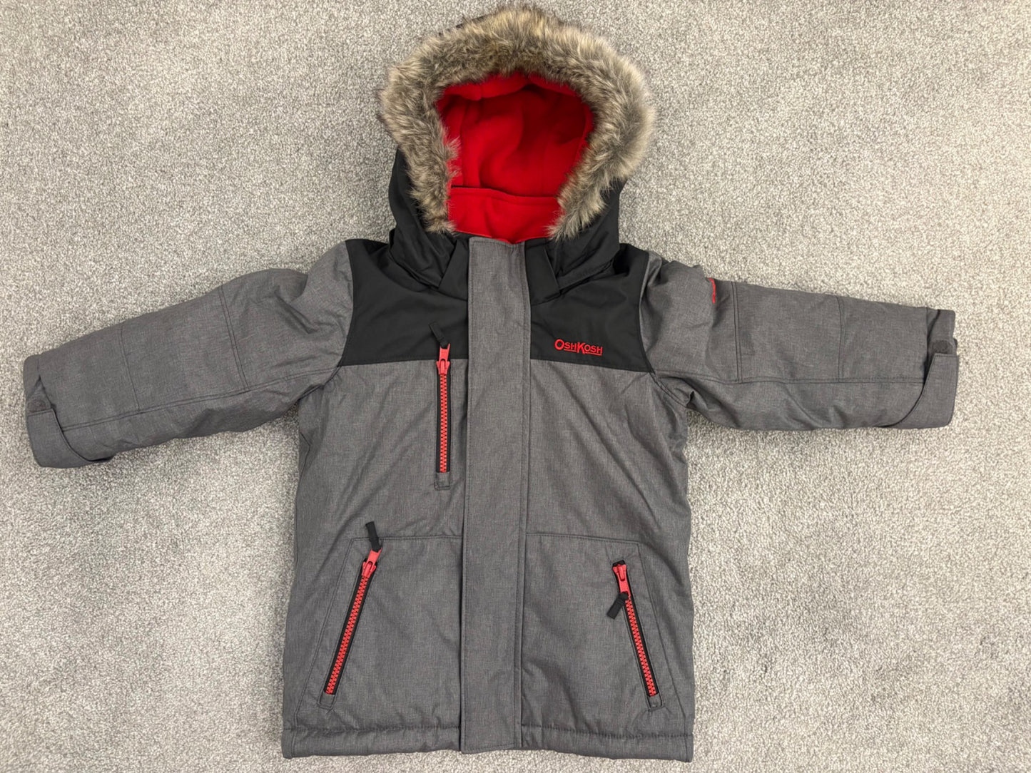 Carter’s Toddler Heavyweight Parka with Detachable Hood, Grey/Red/Black, 2T, Kids 2T