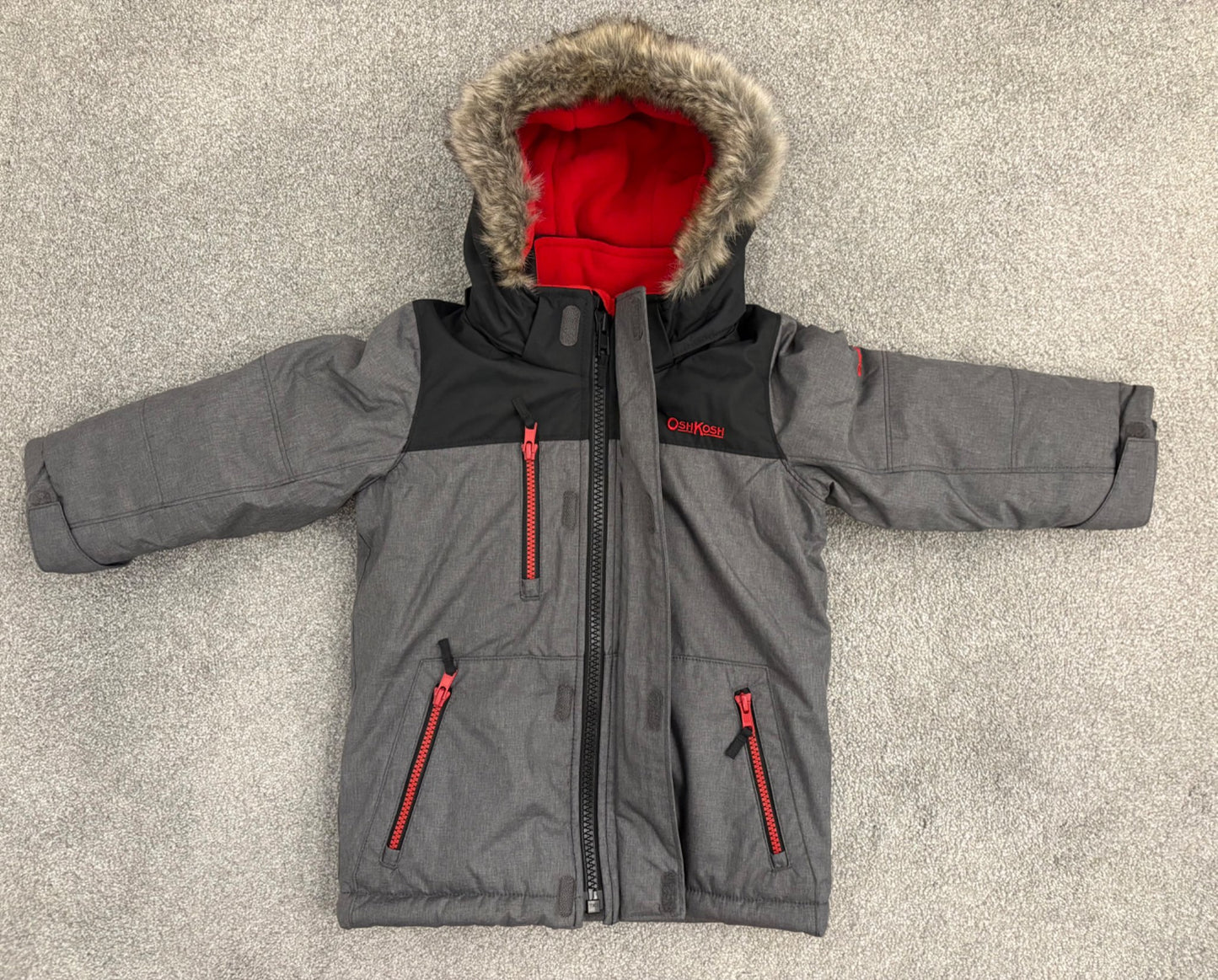 Carter’s Toddler Heavyweight Parka with Detachable Hood, Grey/Red/Black, 2T, Kids 2T