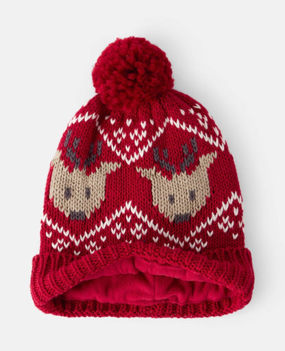 Carter’s Baby Boy 2-Piece Fair Isle Reindeer Winter Hat & Mittens Set, Red, 2T, NWT