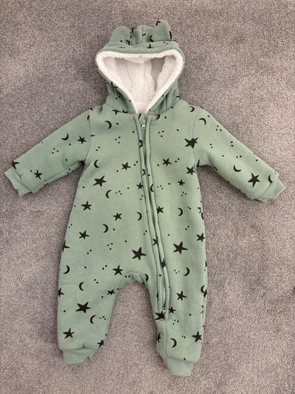 Miniolie Baby Moon and Star Fleeced Lined Romper, Green, 18-24 months, Kids 24 Month (18-24M)