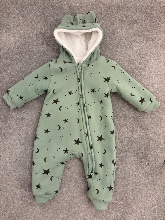 Miniolie Baby Moon and Star Fleeced Lined Romper, Green, 18-24 months, Kids 24 Month (18-24M)