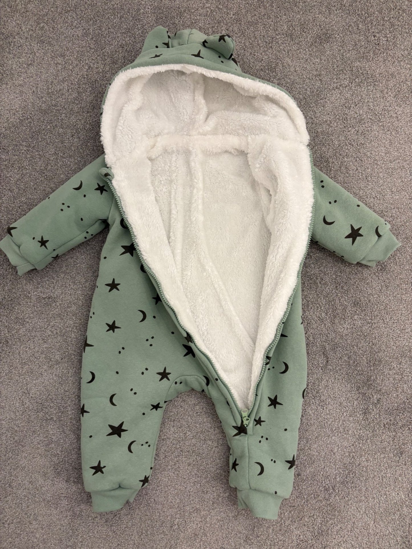 Miniolie Baby Moon and Star Fleeced Lined Romper, Green, 18-24 months, Kids 24 Month (18-24M)